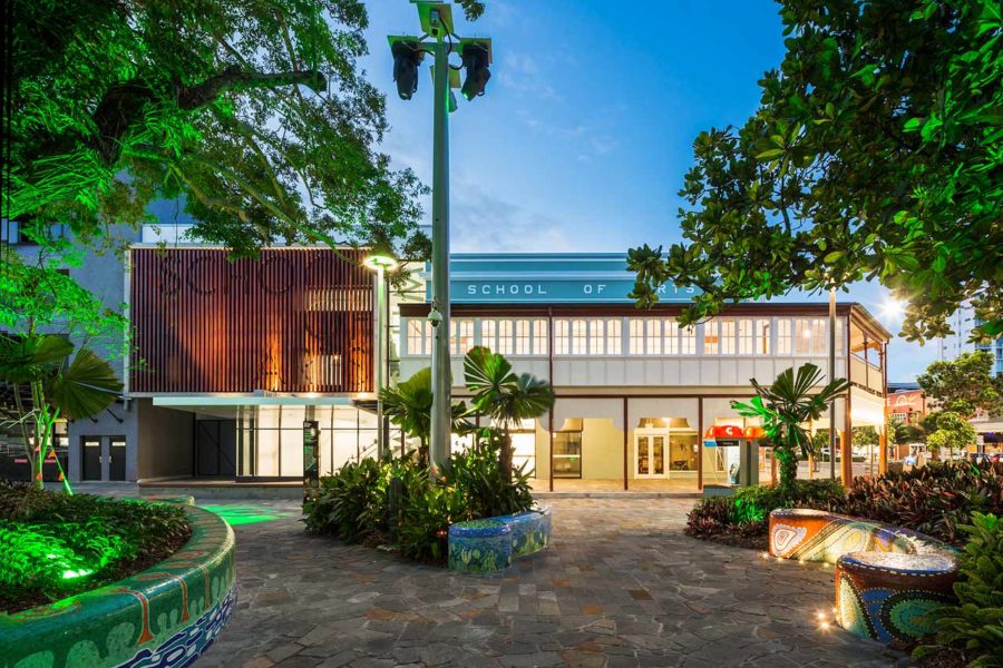 Twilight image of the newly renovated Cairns School of Arts building
