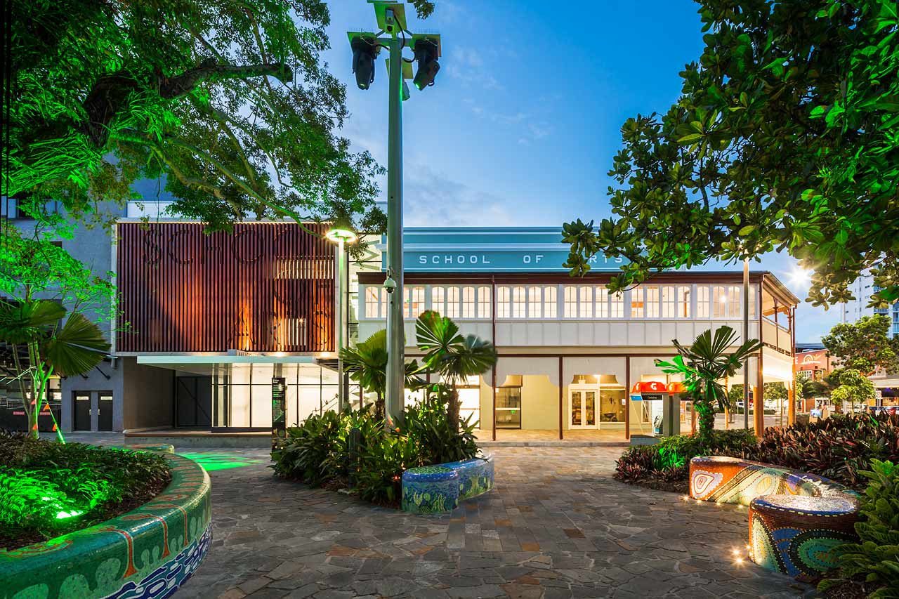 Twilight image of the newly renovated Cairns School of Arts building