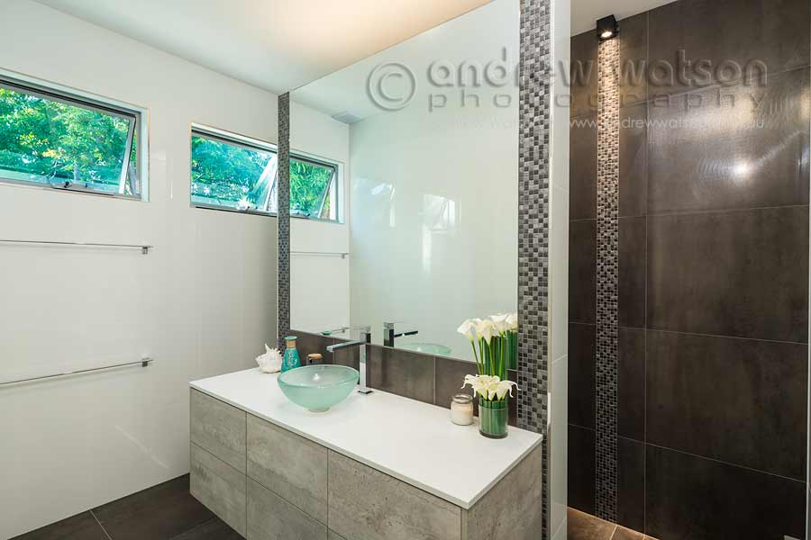 Interior image of bathroom vanity in architectural home