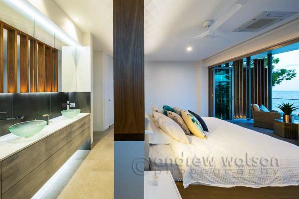 Interior image of master bedroom & ensuite in architectural-designed home