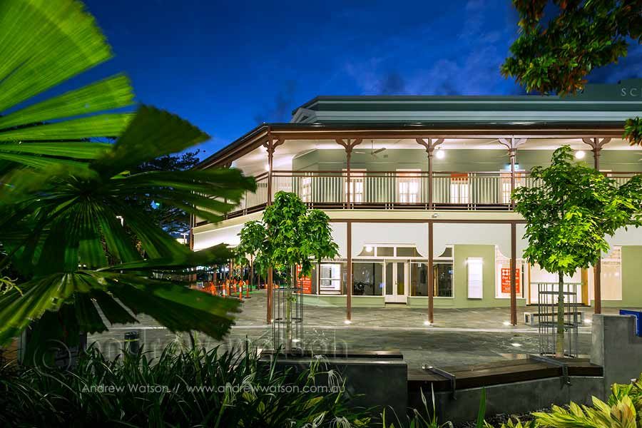 Twilight image of heritage listed Cairns School of Arts building