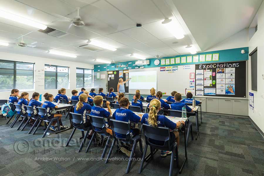 Image of students in classroom facing teacher at whiteboard