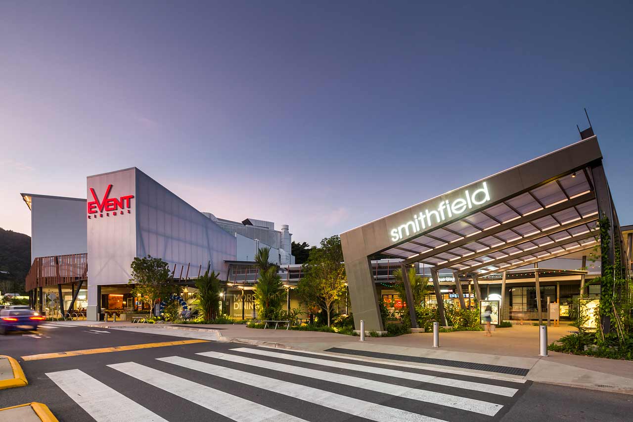 Image of new Smithfield Shopping Centre entrance at twilight