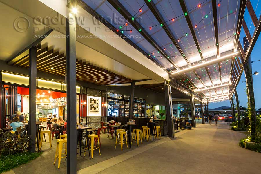 Image of outdoor cafes at Smithfield Shopping Centre at twilight