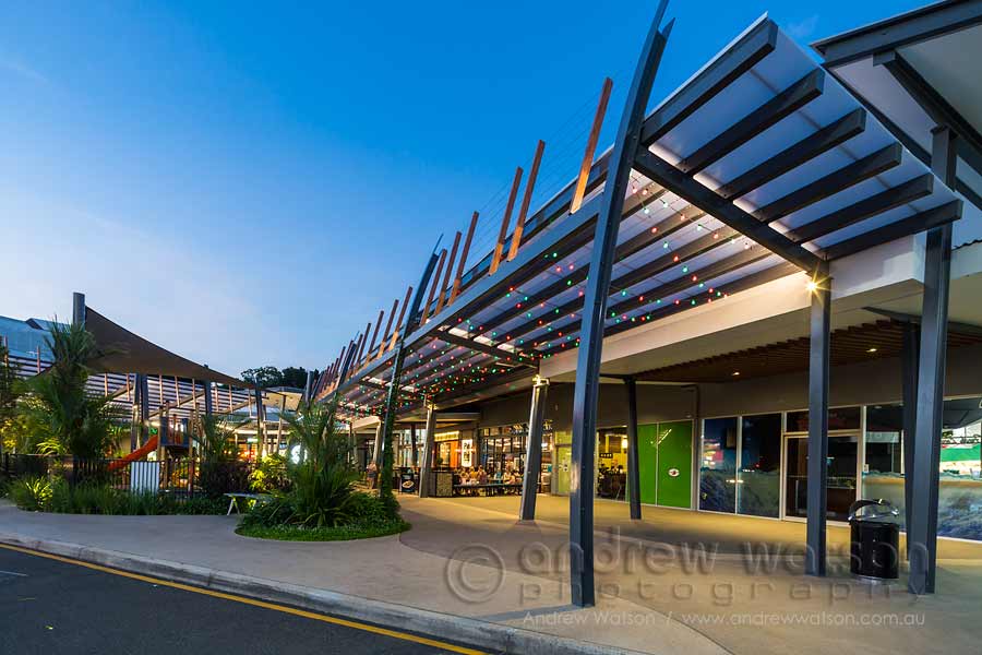 Image of new Smithfield Shopping Centre outdoor dining at twilight