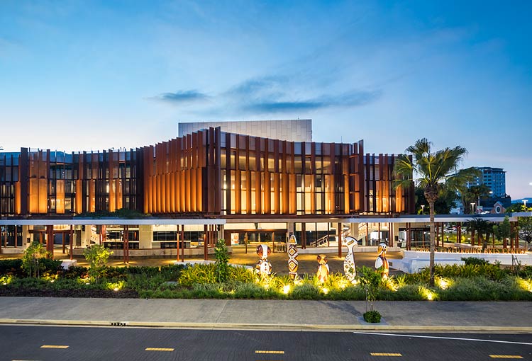Exterior view of the Cairns Performing Arts Centre facade at twilight