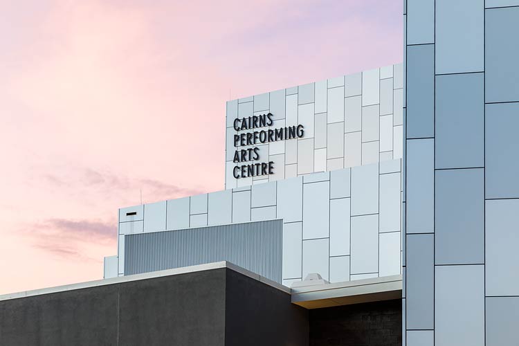 Exterior view of the Cairns Performing Arts Centre flytower at twilight