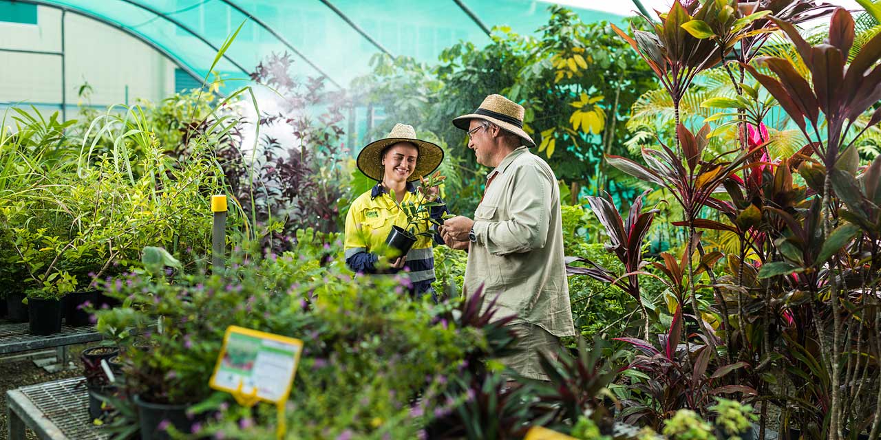 Horticulture student and teacher looking at plants in a greenhouse