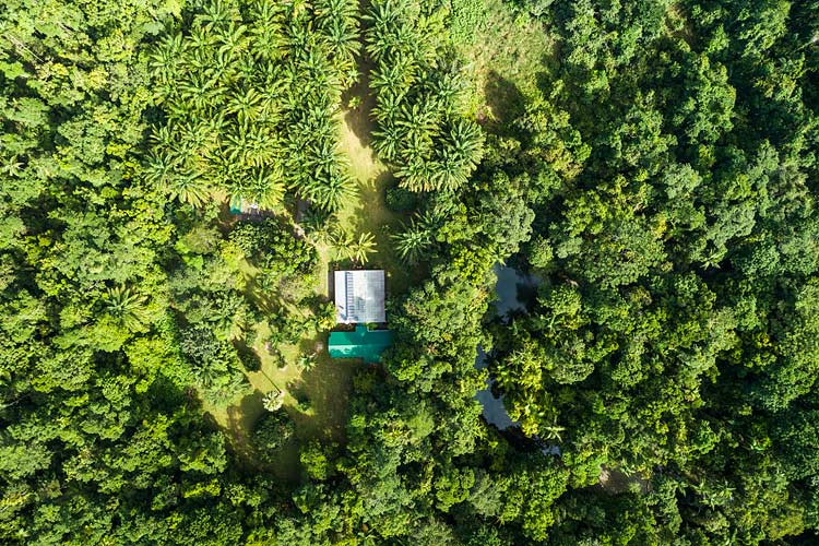 Aerial view of Daintree holiday home beside Cooper Creek and rainforest