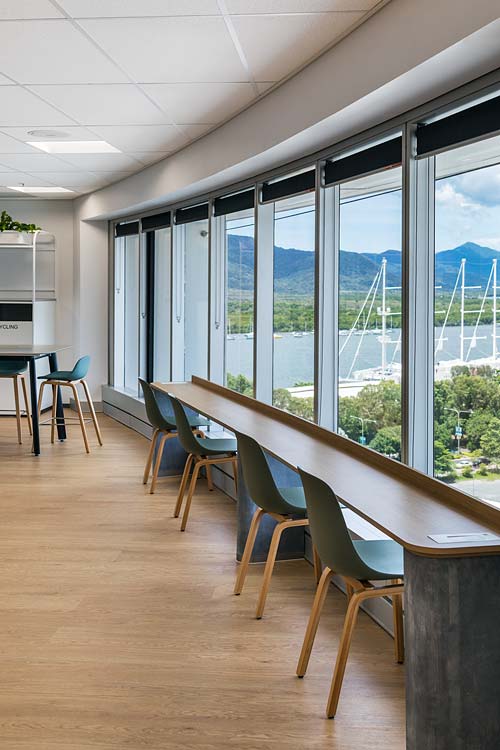 Staff kitchen seating overlooking waterfront in Cairns accoutancy office