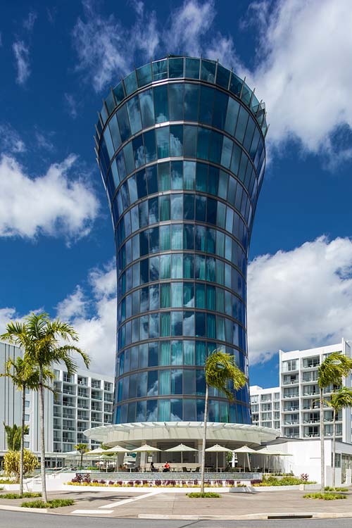 The tower of the Hotel Riley in Cairns featuring a restaurant at it’s base and it’s top level