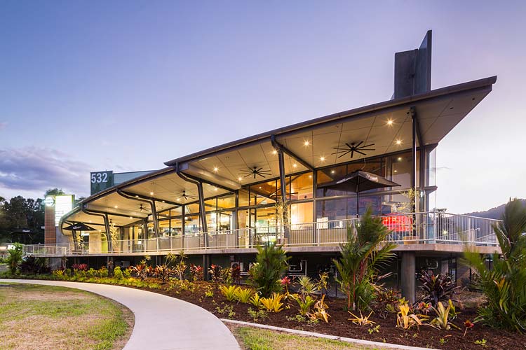 Exterior of the Barr St Markets building in Cairns illuminated at twilight