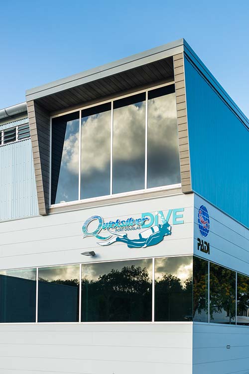 Exterior of the Quicksilver Dive Centre showing window detail