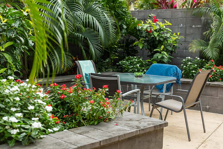 Interior of an aged care home showing courtyard garden seating