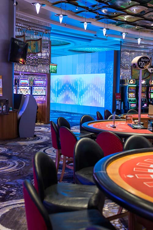 Interior of the Reef Hotel Casino gaming floor to bubble wall entrance