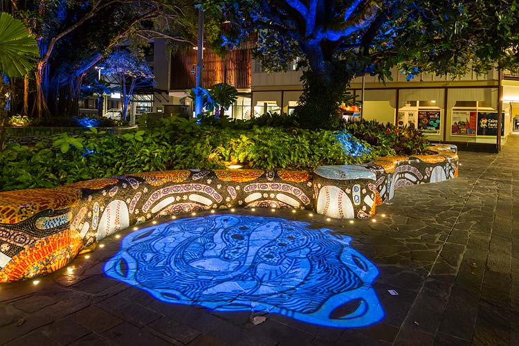 An indigenous artwork digitally projected on the footpath in the Shields Street Heart Project, Cairns