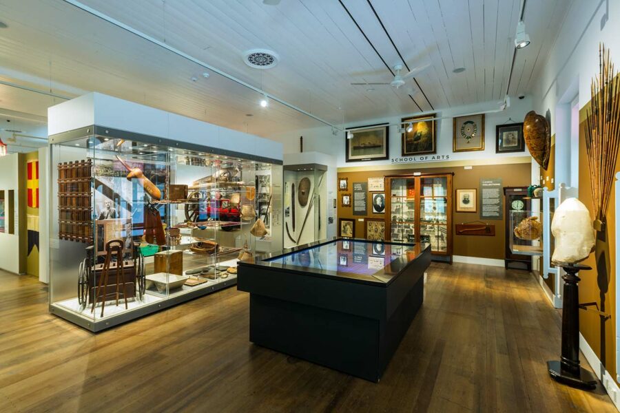 Interior of the Cairns Museum showing a recreation of the 1907 School of Arts collections