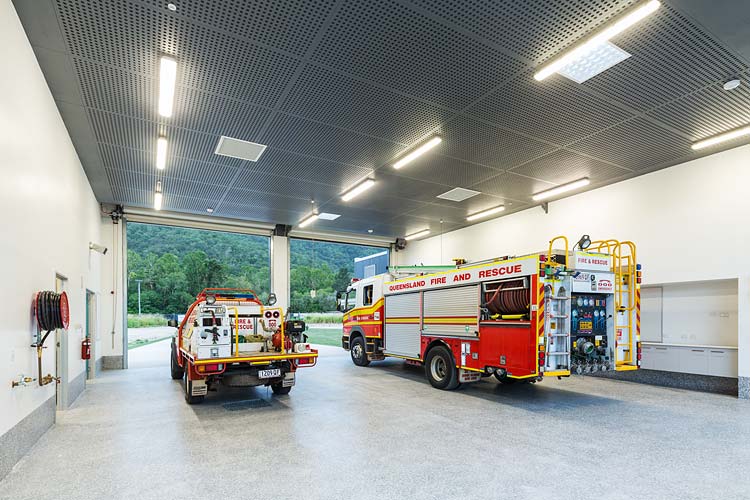 Interior of the Gordonvale Fire Station showing fire truck bays