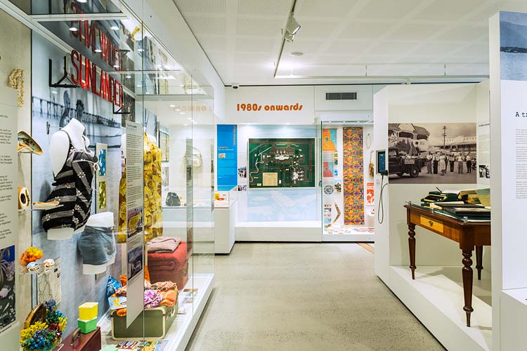 Interior of the Cairns Museum showing displays in the 'Changing Cairns' exhibition