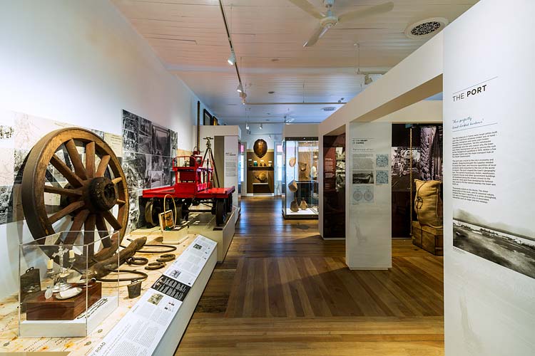 Interior of the Cairns Museum showing artefacts in the 'Old Cairns' exhibition