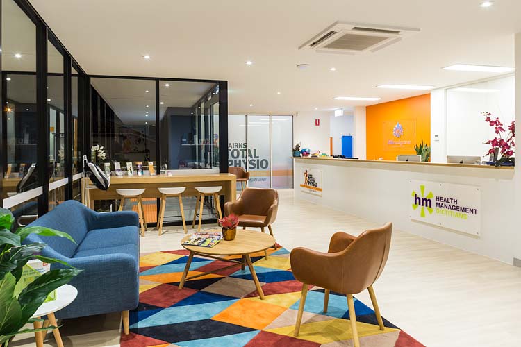 Interior of the Cairns Total Physio building showing reception and client lounge
