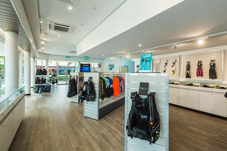 Interior of the Quicksilver Dive Centre showing retail fitout for dive eqipment