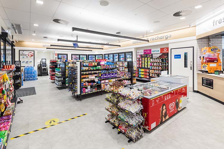 Interior of fuel service station showing convenience store fitout