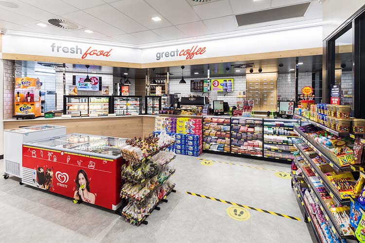 Interior of fuel service station showing convenience store fitout