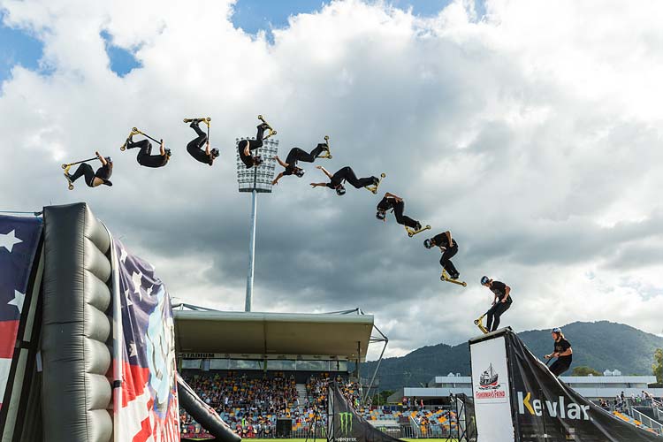 Composite image of Nitro Circus performer Ryan WIlliams doing a front flip trick on his kick scooter