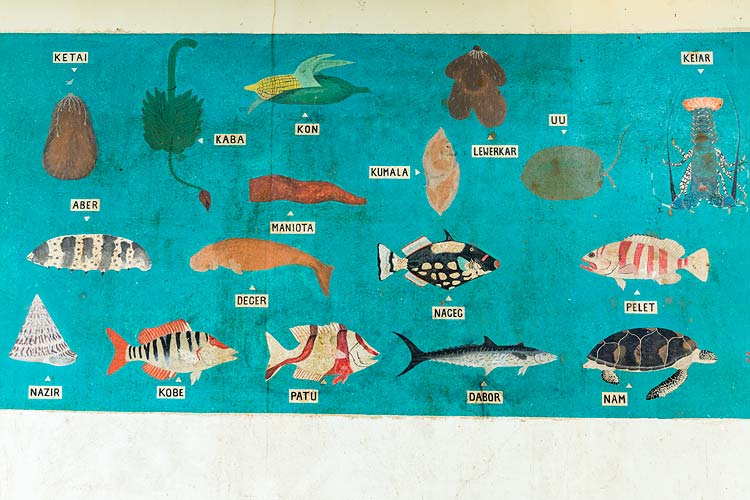 A wall mural featuring traditional foods of the Torres Strait in the local language