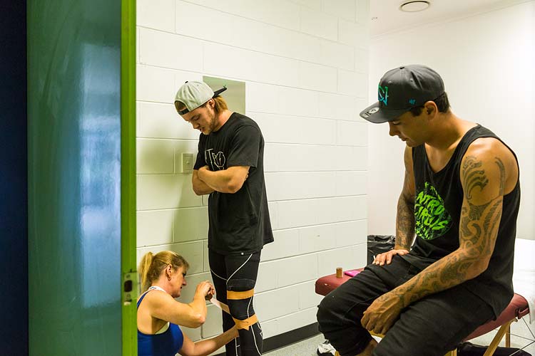 Ryan Williams of Nitro Circus getting his knee strapped by a physio prior to the night's show