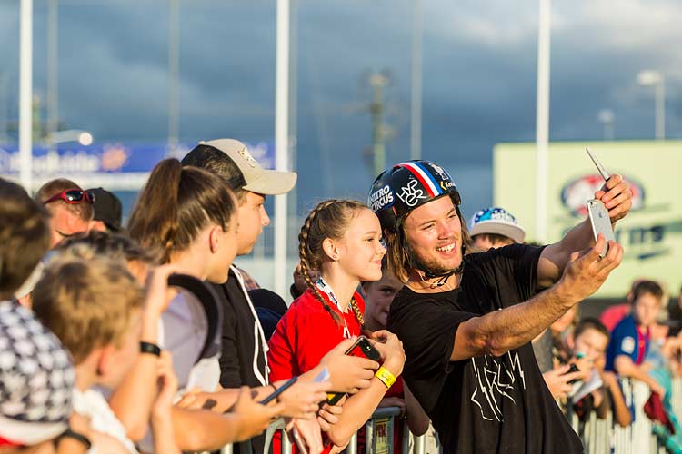 Ryan Williams of Nitro Circus taking a selfie photograph with young fans at a Cairns event
