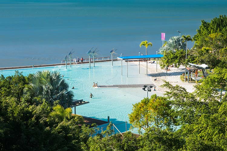 Elevated view of swimmers in the Cairns Esplanade lagoon and waterfront
