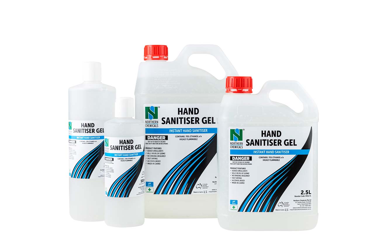 Containers of hand sanitiser gel against white background
