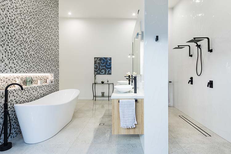Residential home interior with view of bath and shower areas