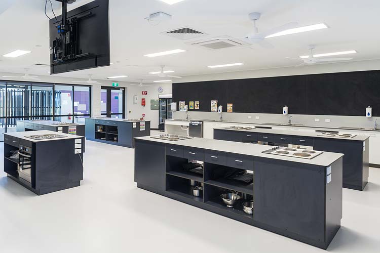 Interior of new school learning building showing food science lab