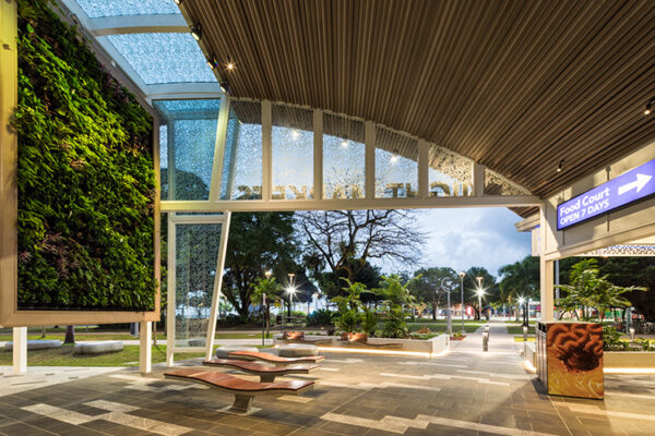 Vertical garden, seating and paved walkway along Esplanade dining precinct