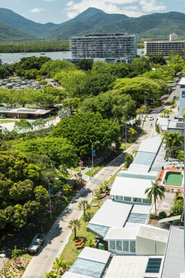 Aerial view looking along path of the Esplanade Dining Precinct