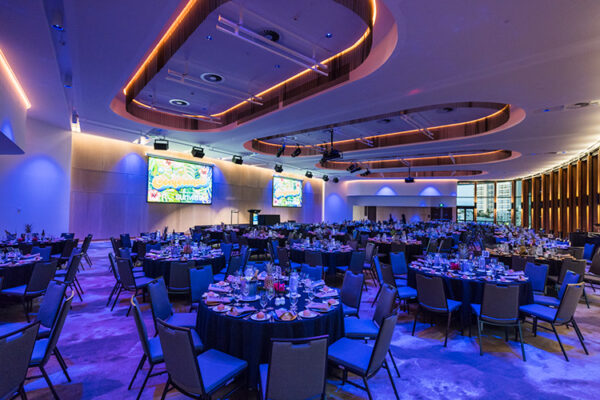 Conference dinner tables without people