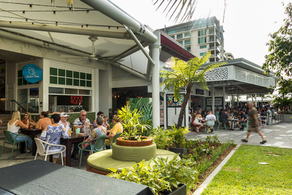 Diners sitting under the new awning along the Cairns Esplanade dining precinct