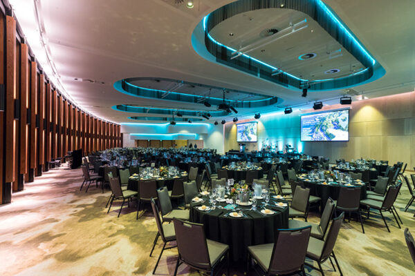 Tables setup for conference gala awards dinner