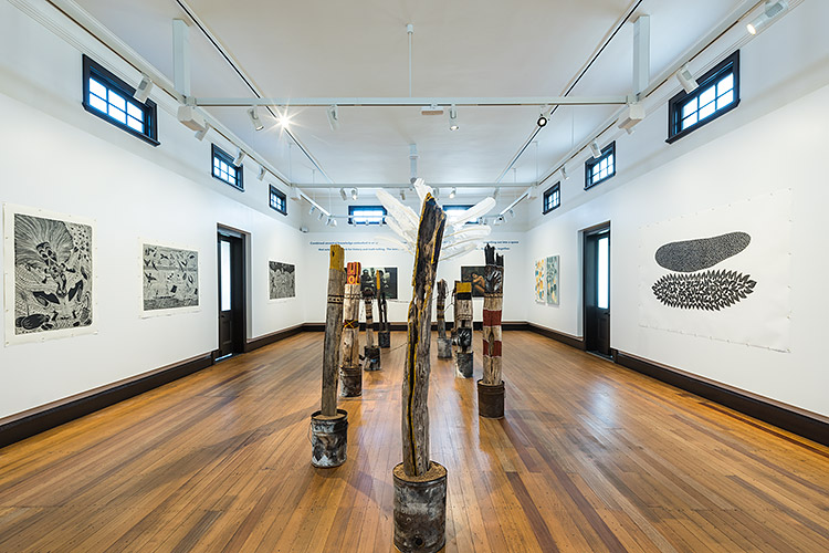 Indigenous artworks on display in display area of the Mulgrave Gallery