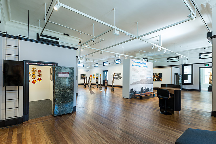 Interior view of the Mulgrave Gallery with an indigenous artwork exhibition