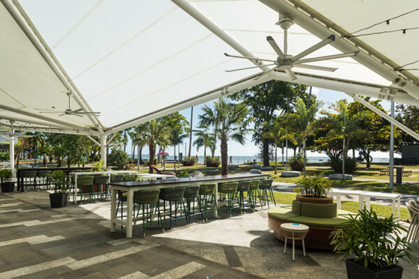 Dining seating with tropical outlook to the Cairns waterfront
